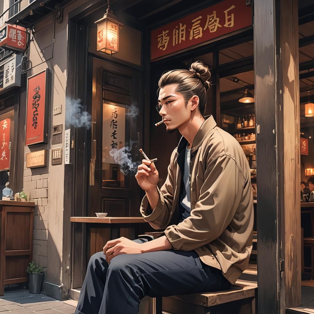 A man with hair bun smoking outside of restaurant while sitt...