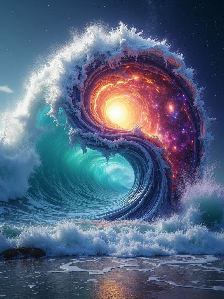 beautiful ocean waves on a beach on one side of a swirling fanciful abstract Ying yang symbol, a galaxy ...  by @purplefrenzy