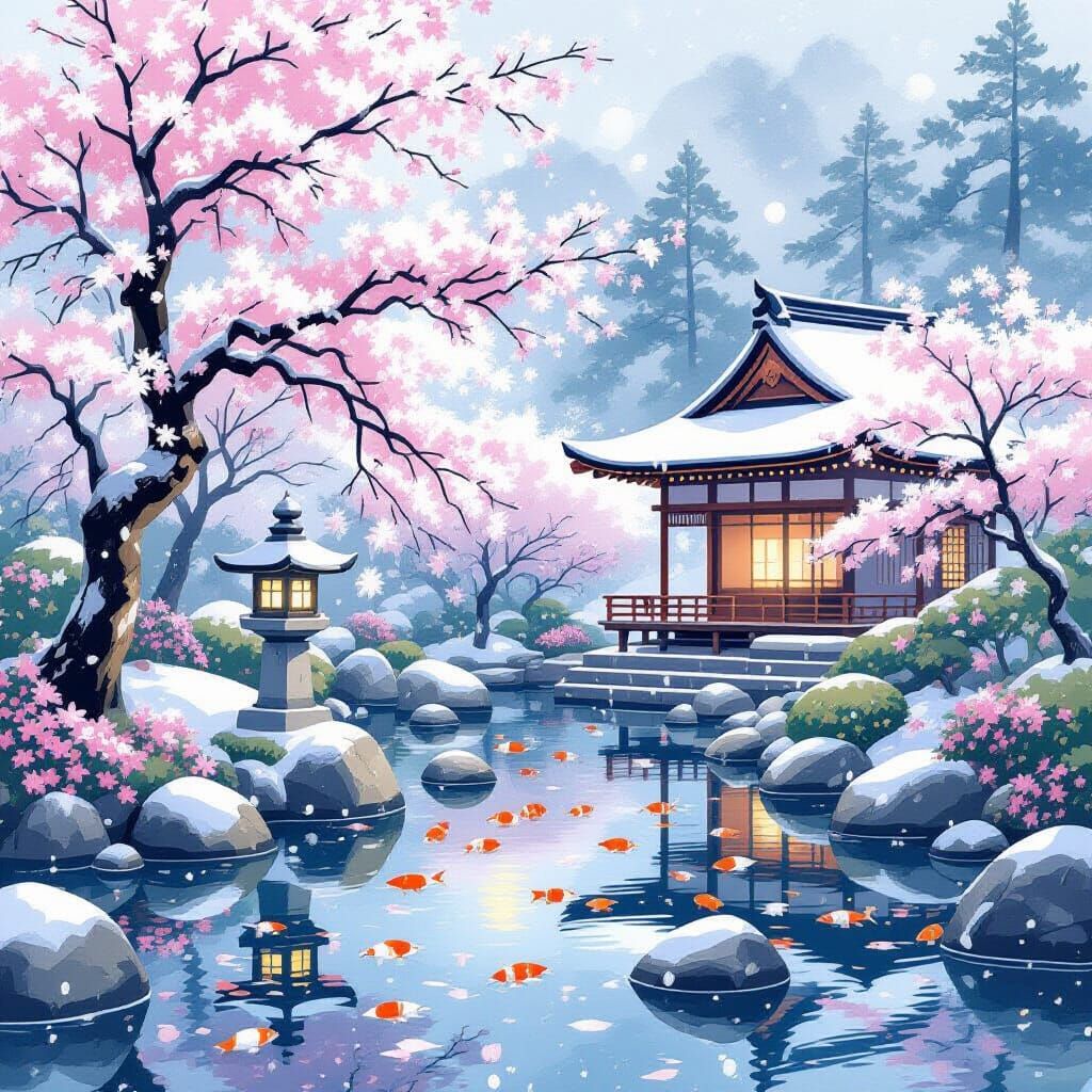 Tranquil Japanese Garden in Gentle Snowfall