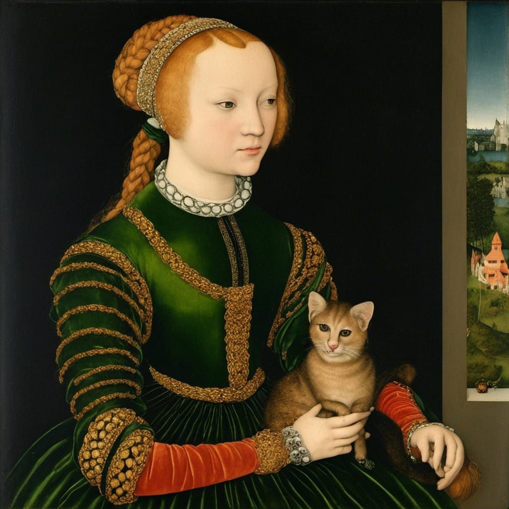 lucas cranach, renaissance, oil on canvas, old masters, portrait of a young woman with braided blond hair, wearing a dark green velvet and g...