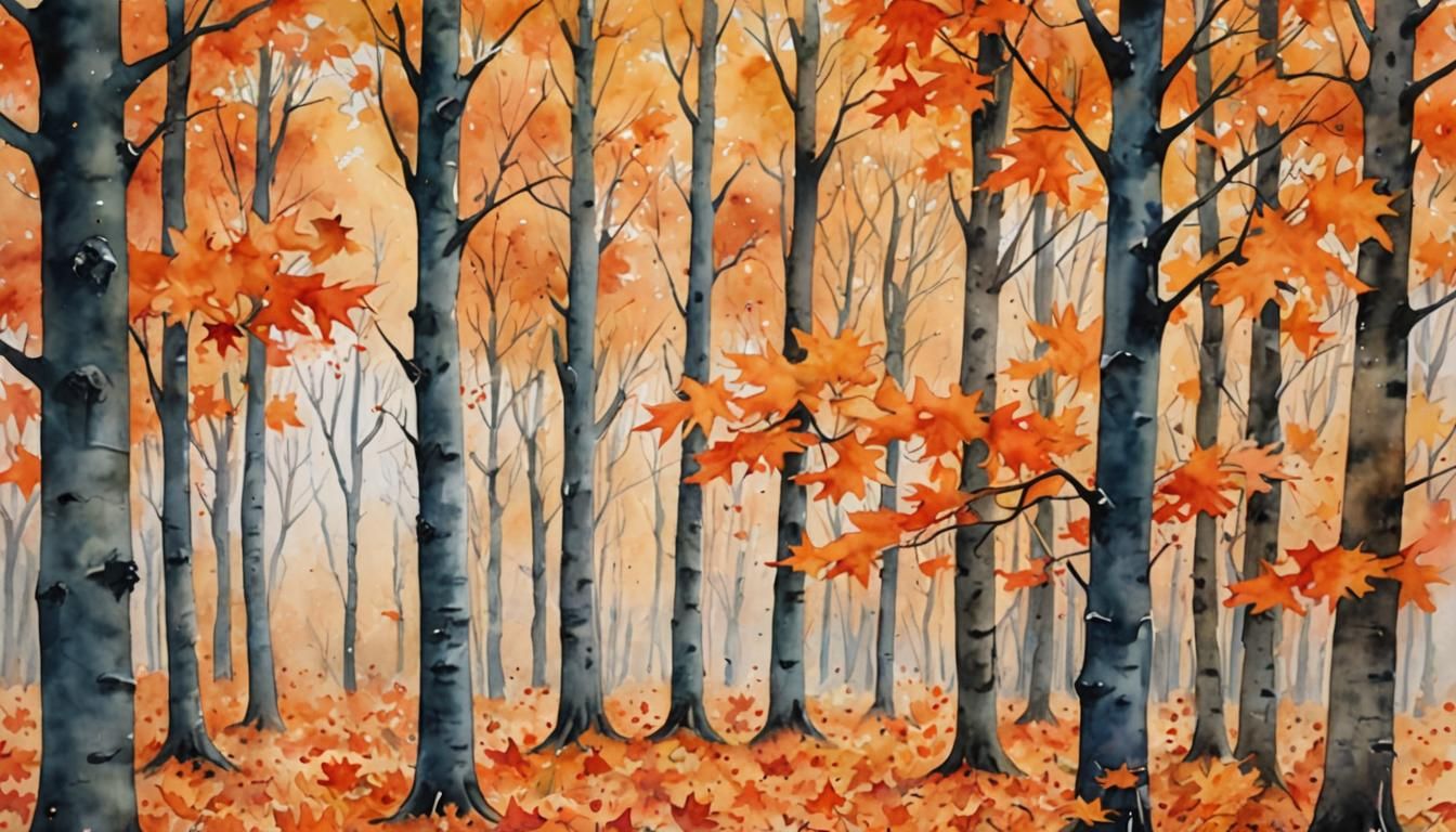 Watercolor painting of a maple tree forest in autumn, maple ...