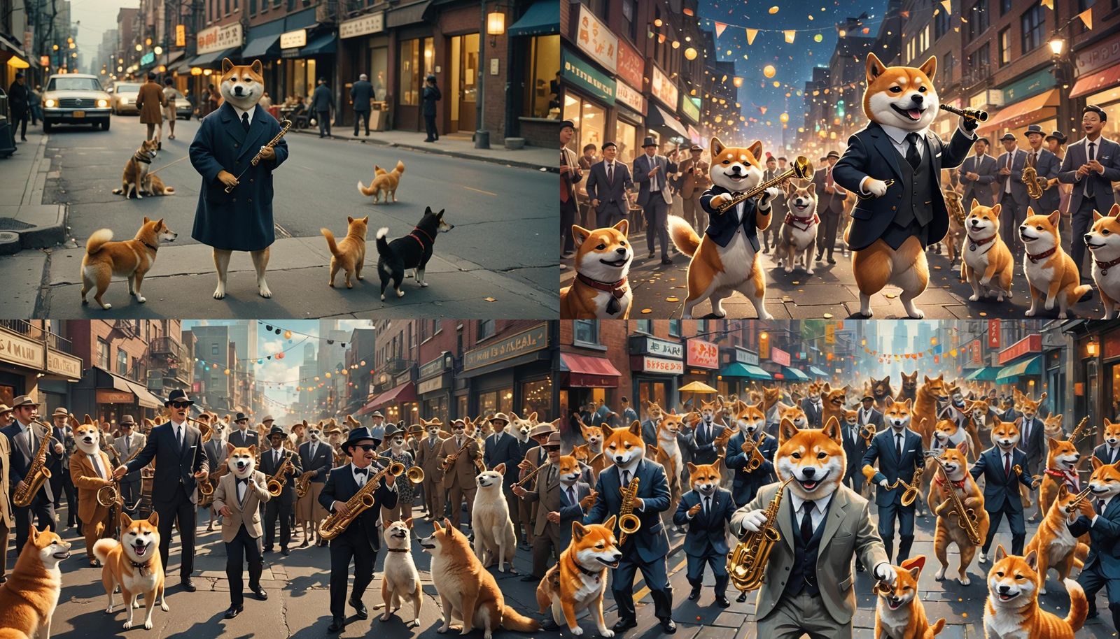 Shibas Inu performs jazz on the street