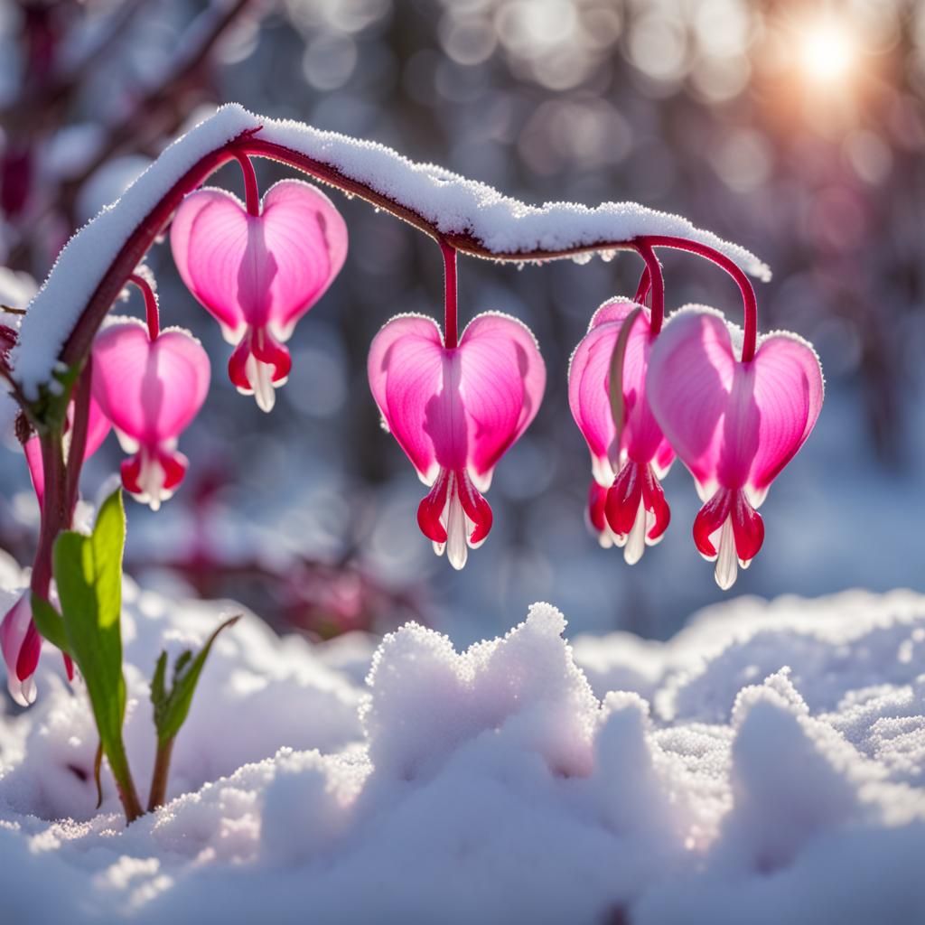 A field of bleeding heart flowers emerging from the snow on an early
