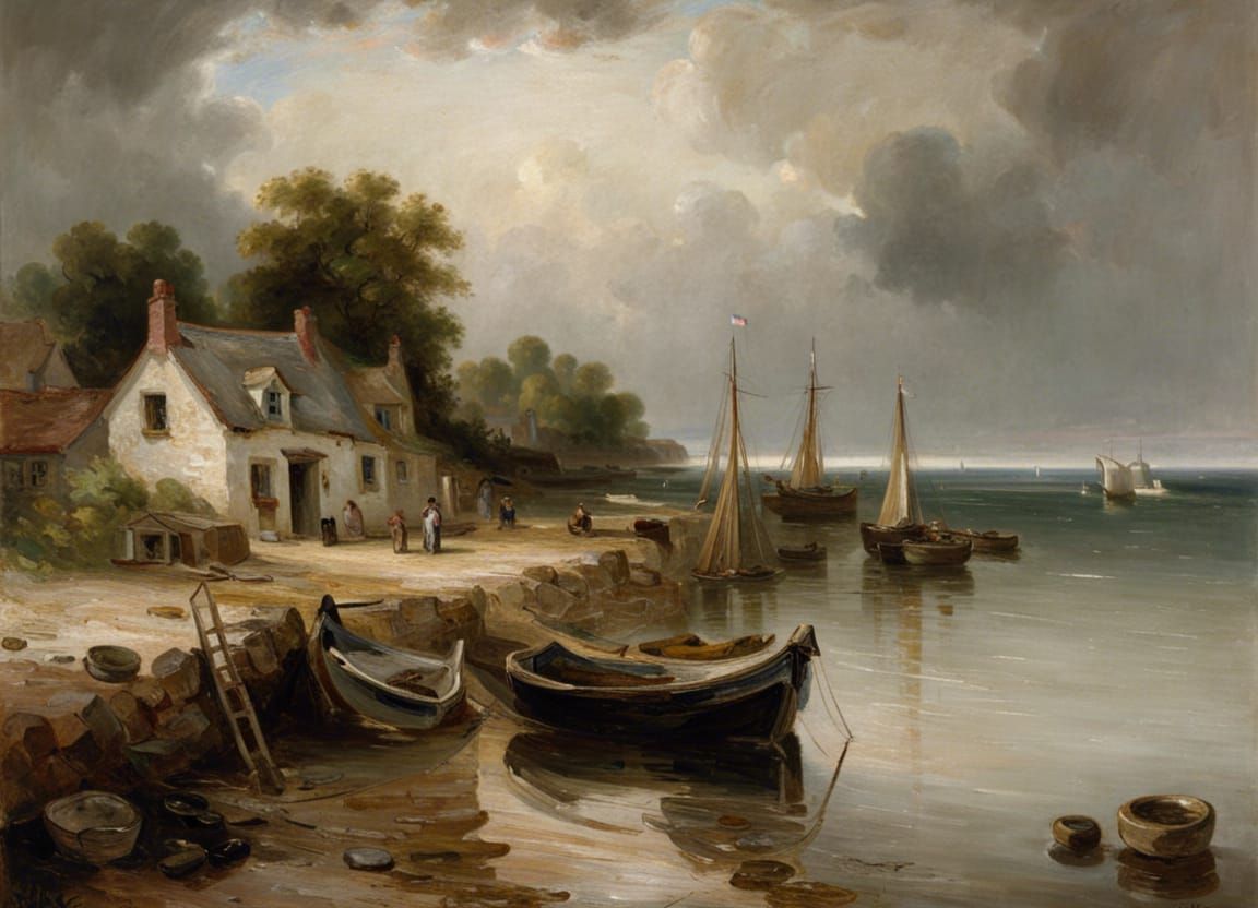 rocky shoreline with fishingboats a dock and cottages, nets ...