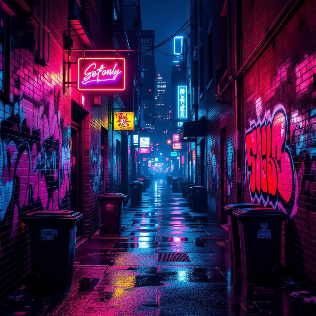 Neon Alley Bar at Night with Cyberpunk Vibe