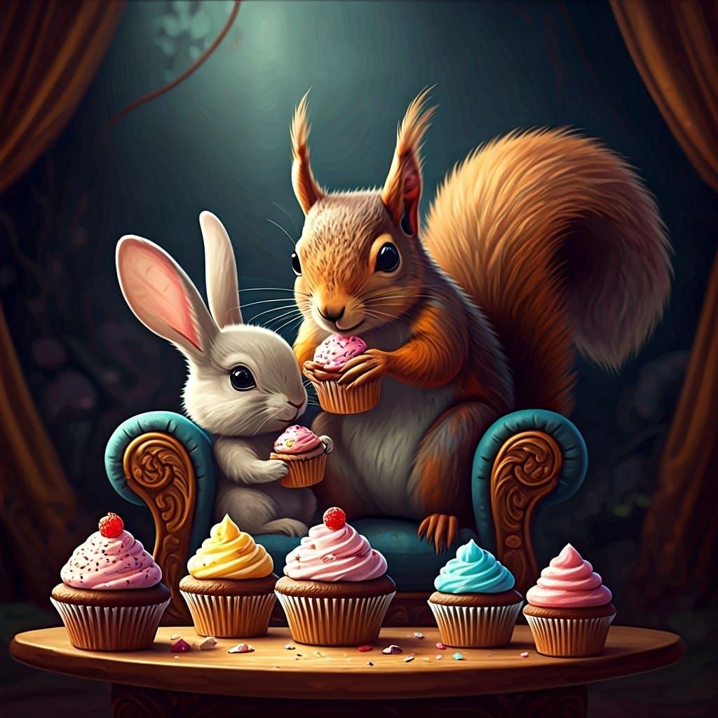 Squirrel and Rabbit's Cupcake Party: Dreamlike Concept Art