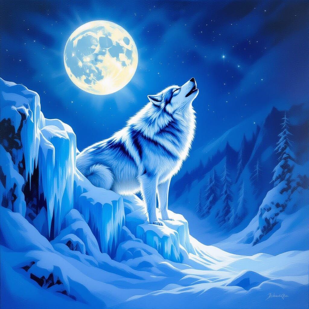 Frozen Waterfall with Ice Wolf in Neo-Impressionist Style