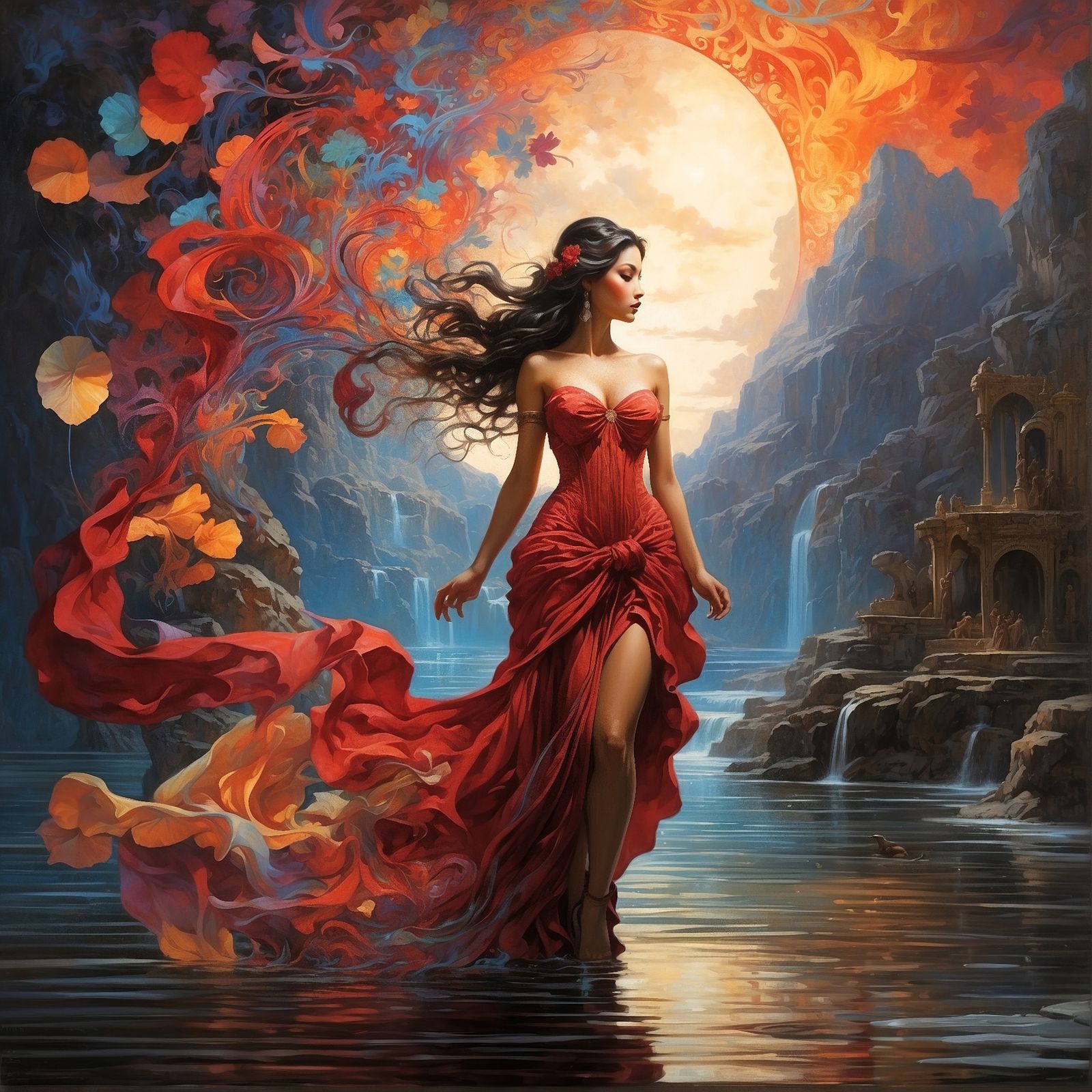 Woman dressed in red in an epic landscape