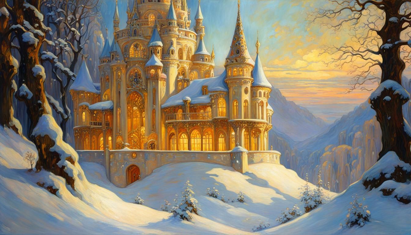 Fairy castle winter snow fantasy oil painting by Alphonse Mucha Gustav ...