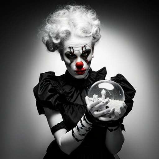 beautiful female clown holding a snow globe.