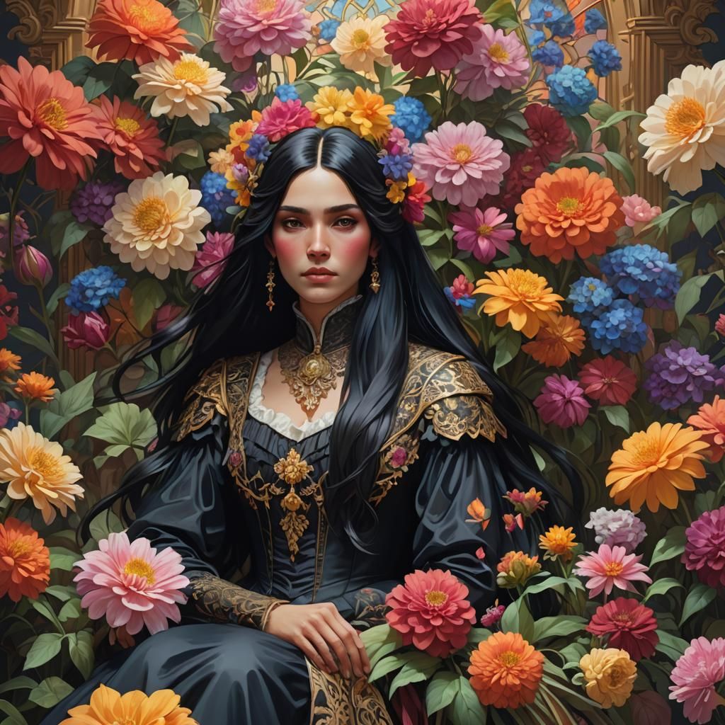 Victorian Woman Surrounded by Flowers, Art Nouveau Portrait