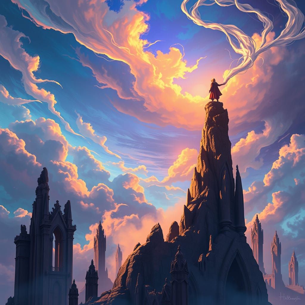 Mystical Spire in Dreamlike Fantasy Landscape