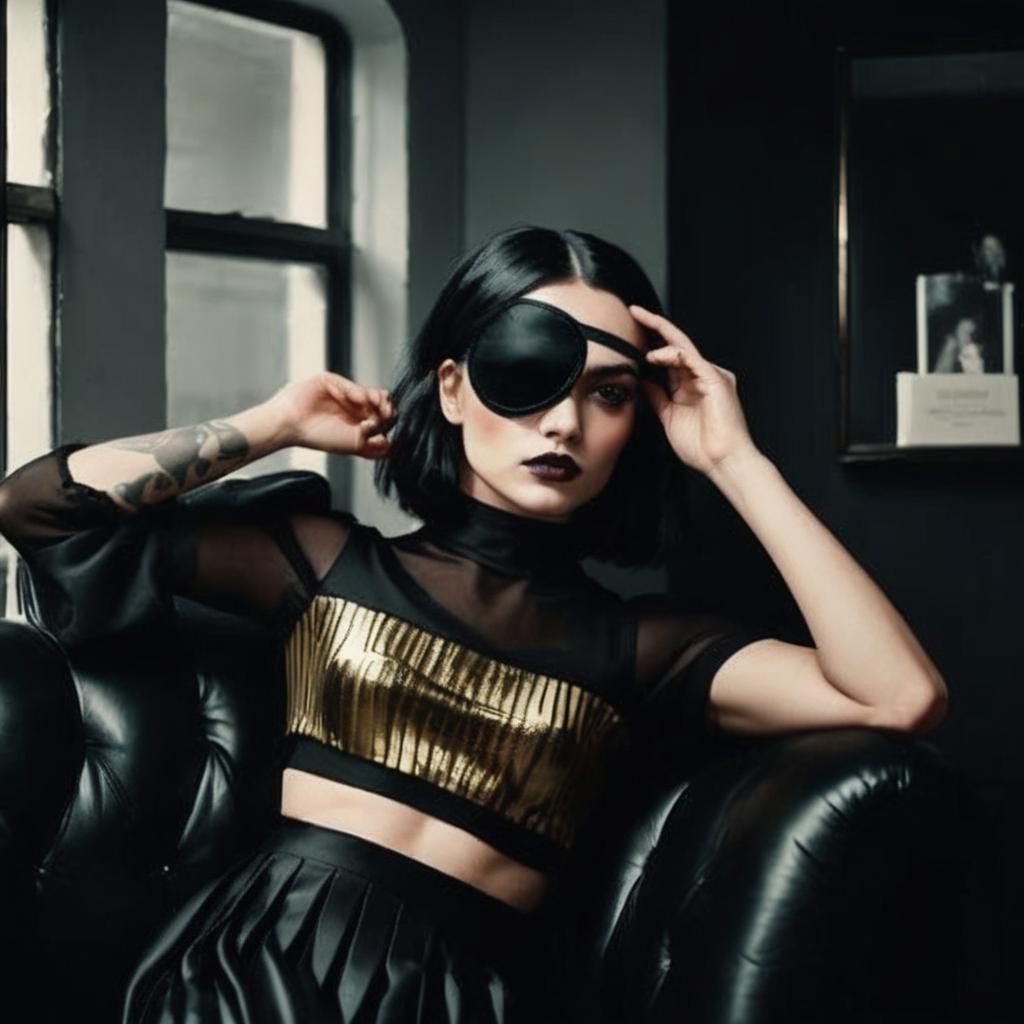 Blackhaired eyepatch woman relaxing in leather chair in a modern loft
