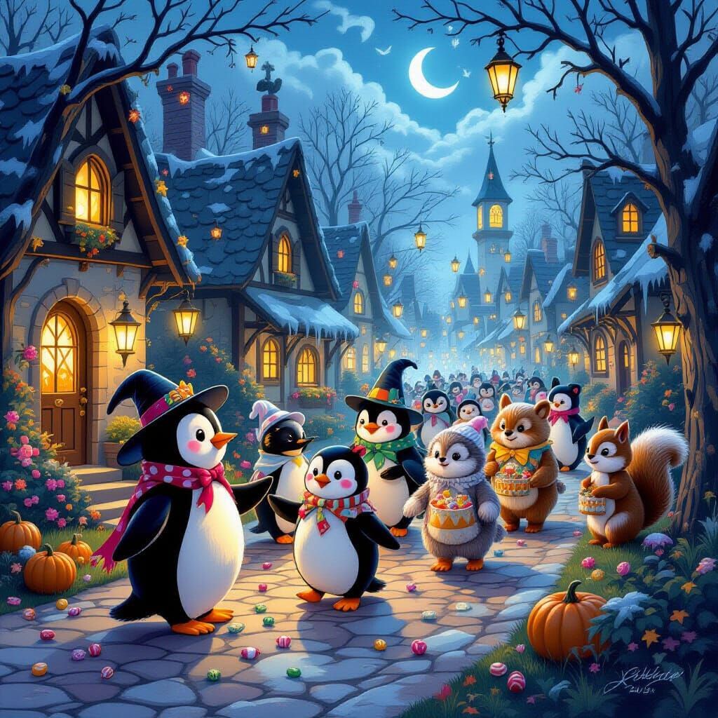 Spooky-Cute Parade
Various animals — penguins, bears, owls, and squirrels — walking in a Halloween parade through a small enchanted village....