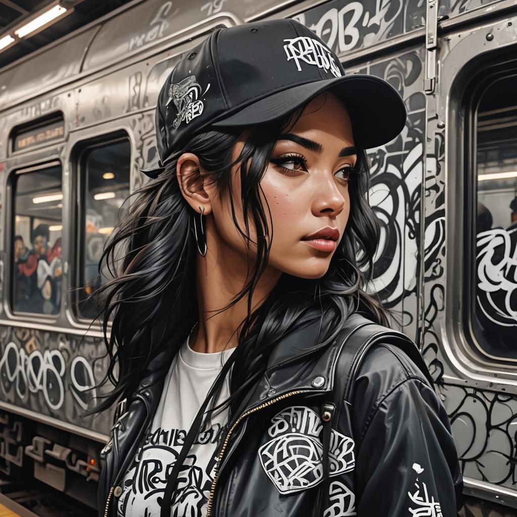 potrait a girl wear RNB fhasion, black hair, black hat (snap...