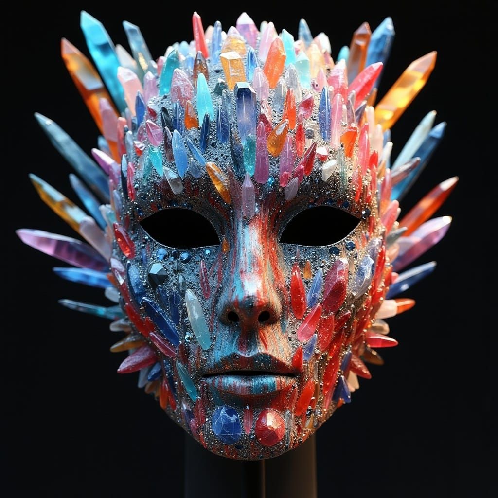 <lora:MJ6 FluxMasks:1.0> Crystal Cluster: A mask encrusted with sparkling crystals, reflecting light in a dazzling display of color and bril...