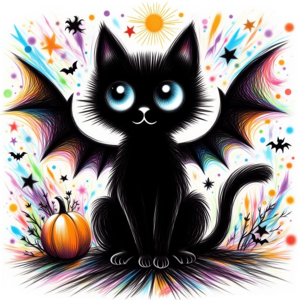 <lora:Black Cat Spooky:1.0> Kid's Drawing of a Black Cat With bat wings