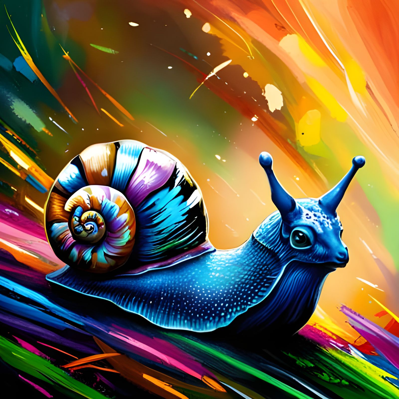 a vibrant snail captivates with its neon blue markings. hyper-detailed anime elements, textured Speedpaint ...  by @Deadend