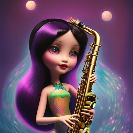 Mermaid  Playing Saxophone in the Moonlight/Shining,Bright,S...