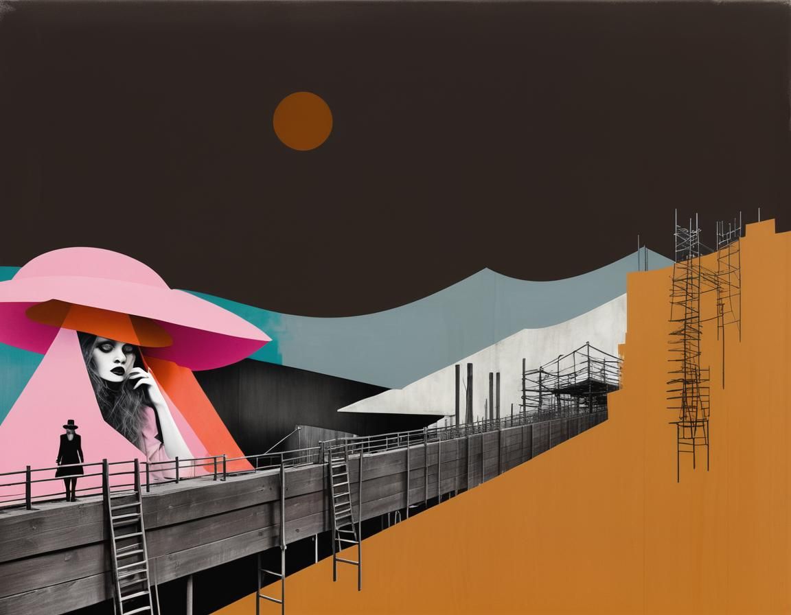 A pink-and-grey-toned image of a sketchy wooden scaffolding ...