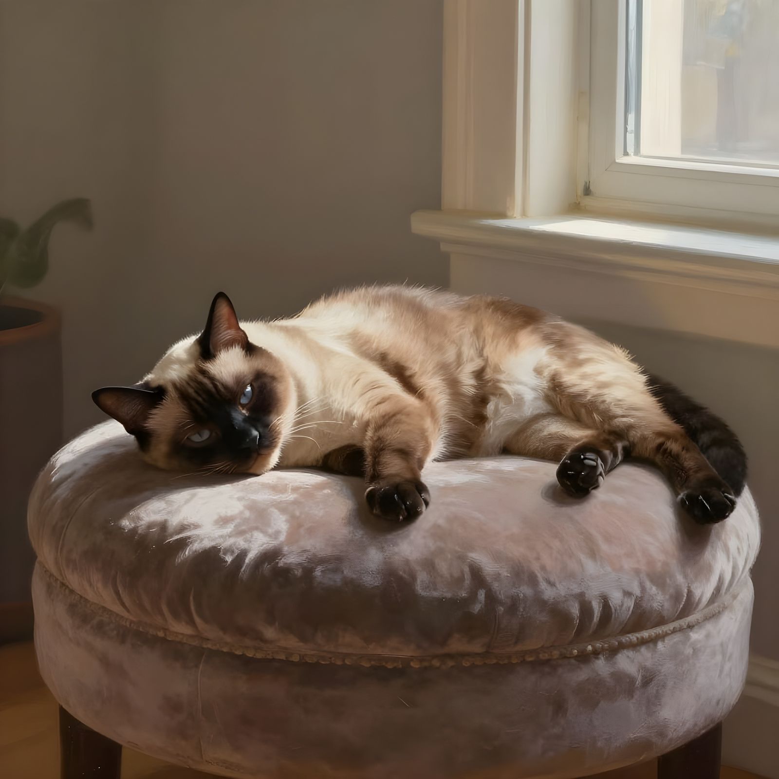 A sleepy, stretched-out Siamese cat lies on an ottoman, creating a quiet, peaceful scene.  by @GRAZYNA-BARBARA