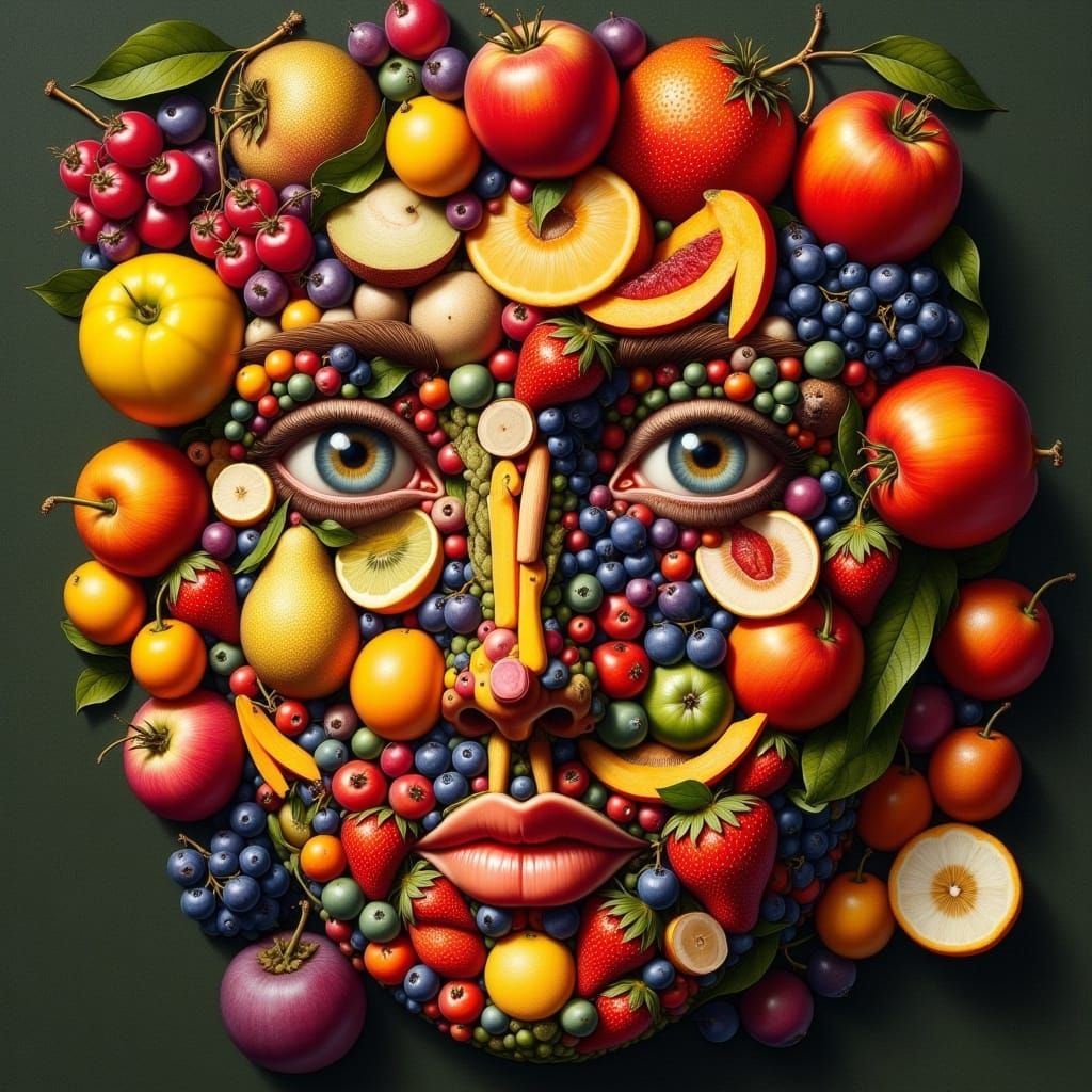 <lora:noddle:1.0> a face composed of a fruits. A bright hyperrealistic drawing in the mannerist style. Anamorphosis, têtes composées. By Giu...