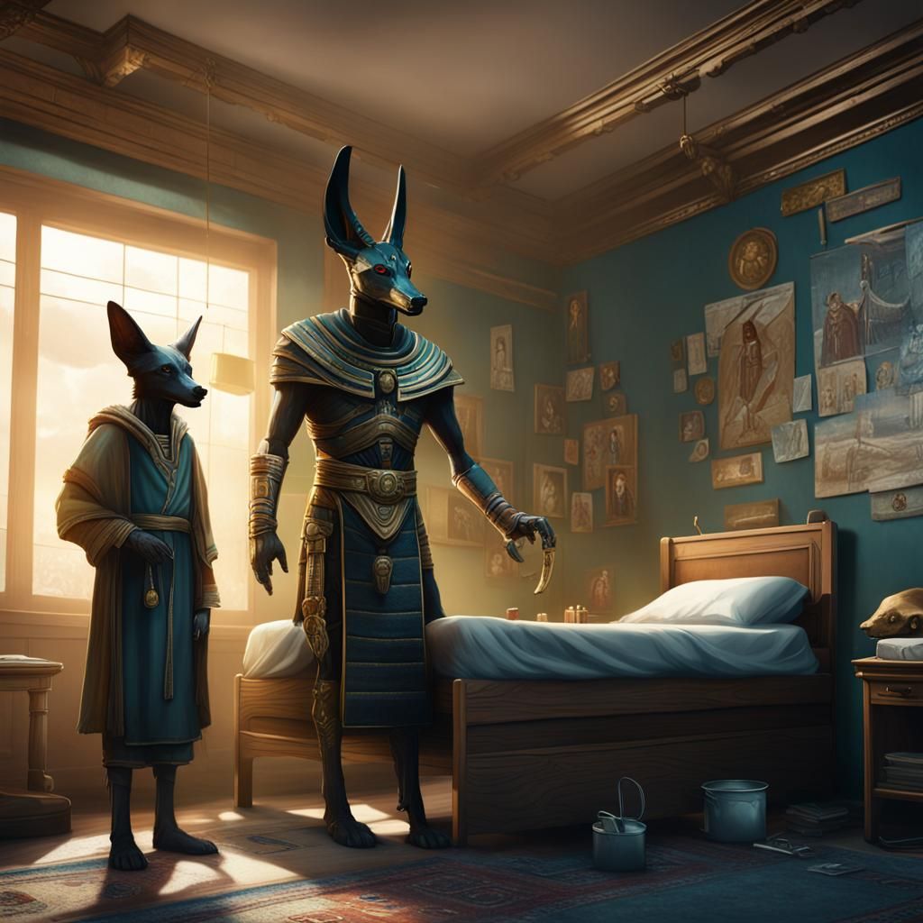 Jackal God Anubis, in a hospital room, standing next to a si...