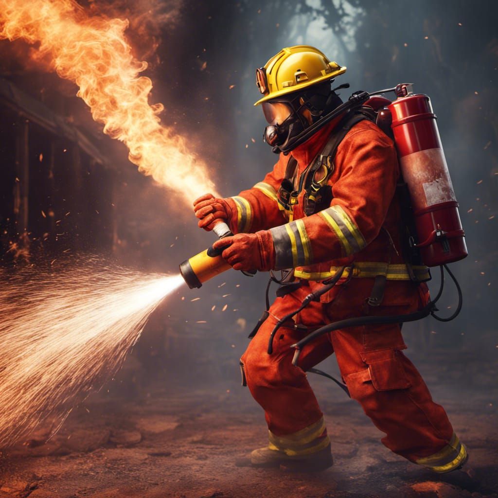 fireman fighting  flameman with fire extinguisher
