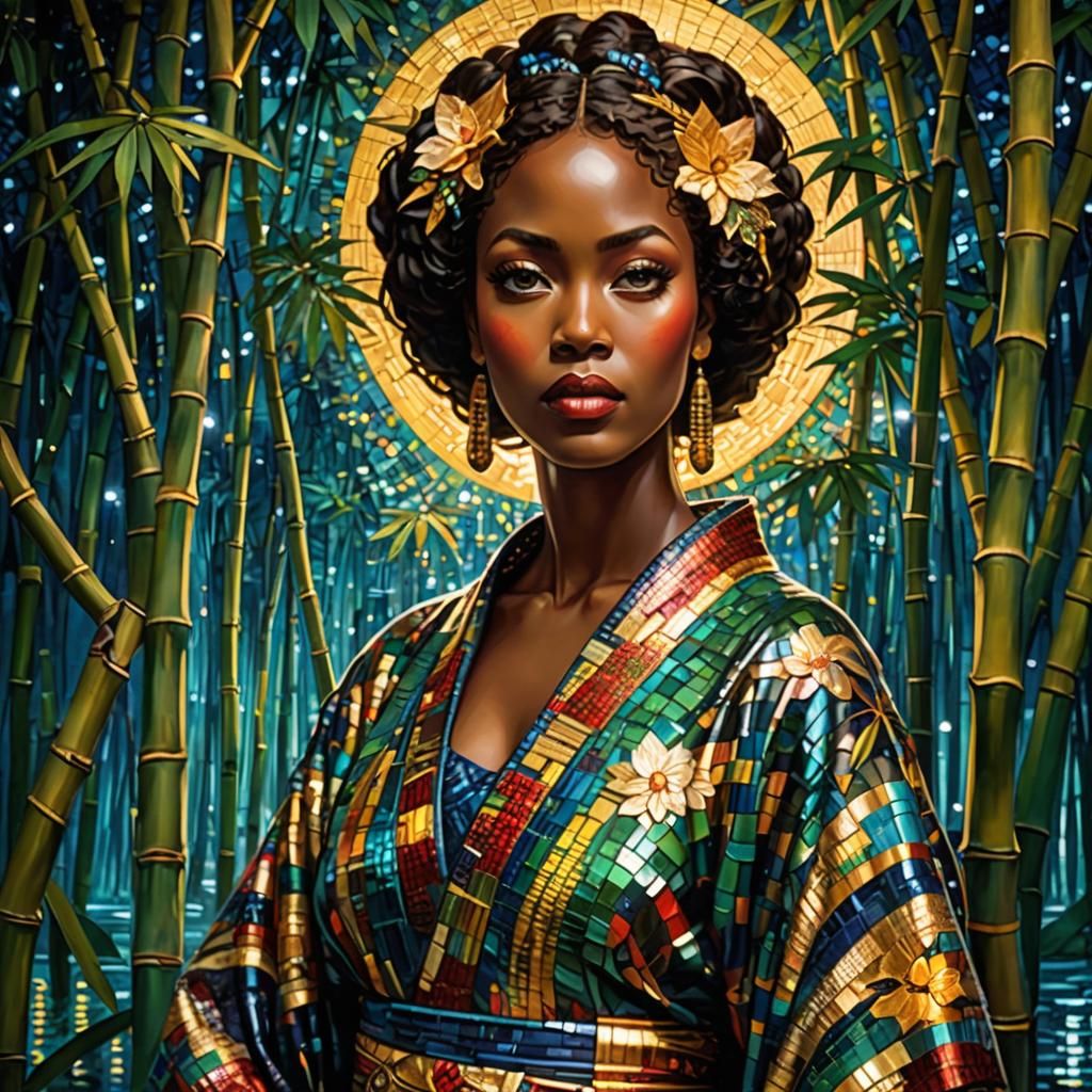 extremely cinematic colorful mosaic african american goddess with stunning slanted eyes in a stunningly cinematic eextremely mosaic kimono,...