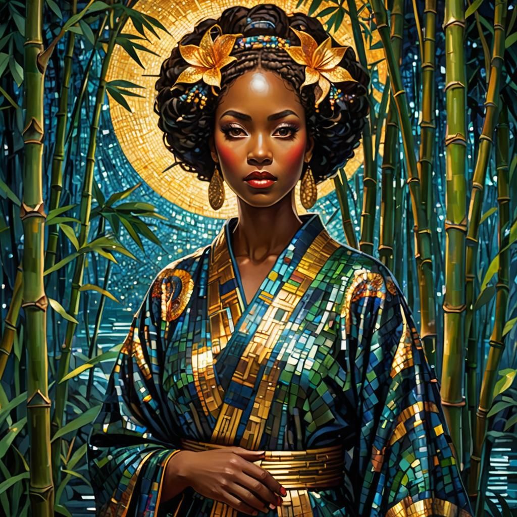 extremely cinematic colorful mosaic african american goddess with stunning slanted eyes in a stunningly cinematic eextremely mosaic kimono,...