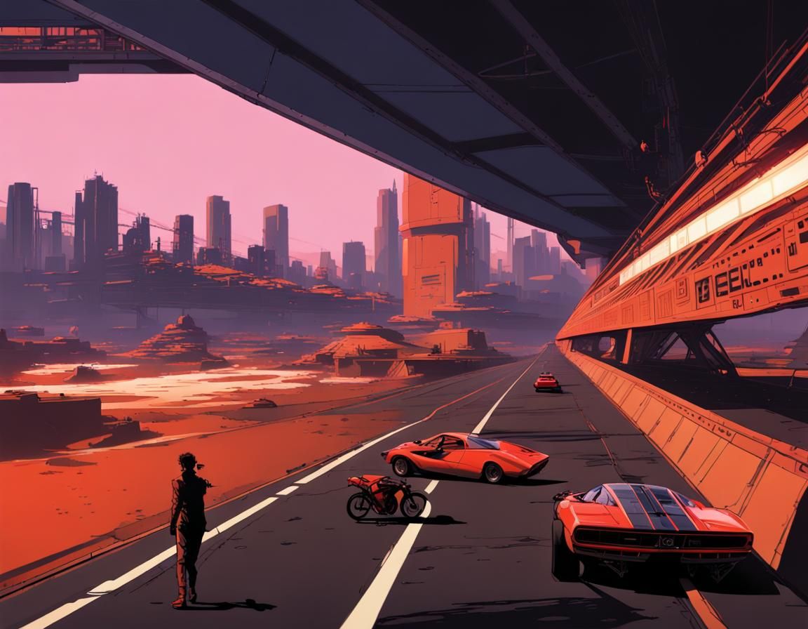 16k resolution, drag racing showdown, Syd Mead futurism, 'Ak...