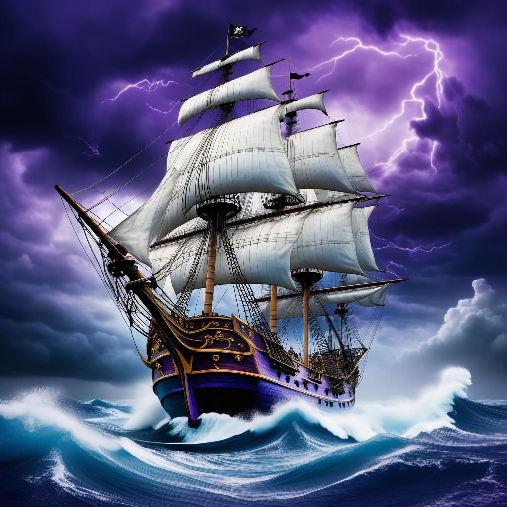 A majestic pirate ship sails through a stormy ocean. The ship is the ...