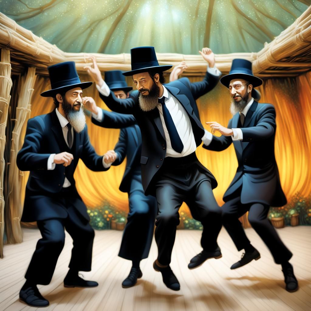 Hasidic Men Dancing in Sukkah, Mystical Matte Painting