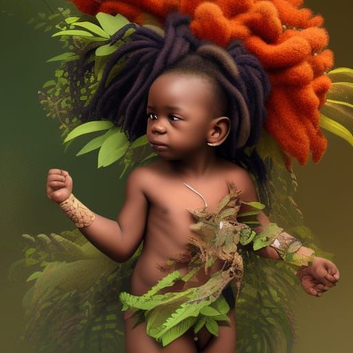 African baby with dreadlocks wearing flowers and leaves