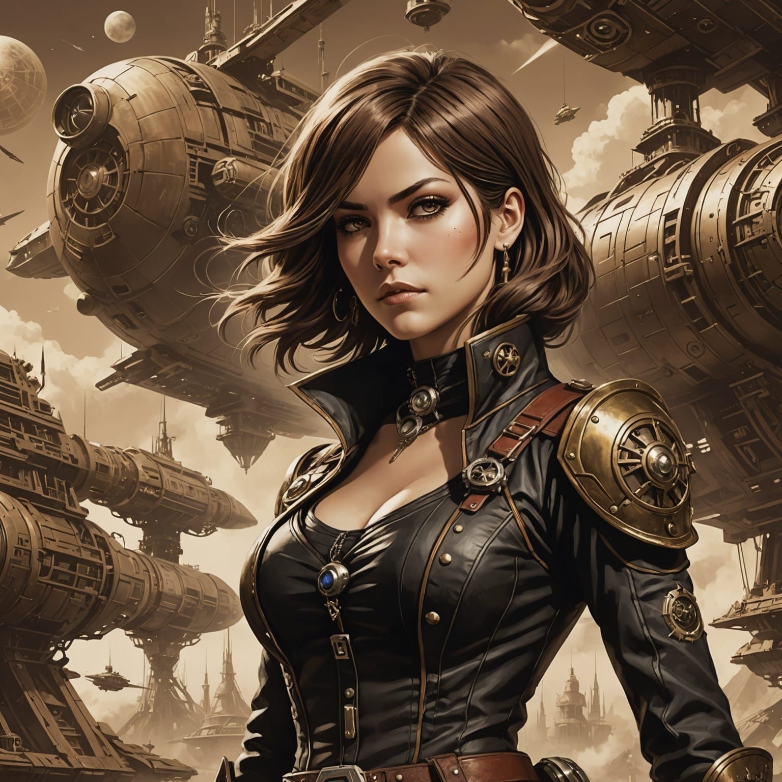 A beautiful badass steampunk female space pirate posing with...