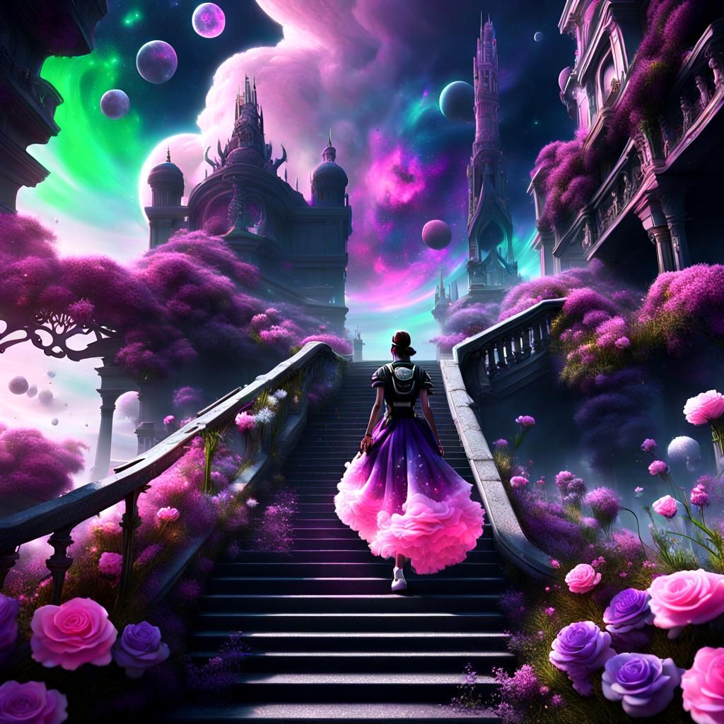 Rebel Girl Ascending Chaotic Galaxy Staircase