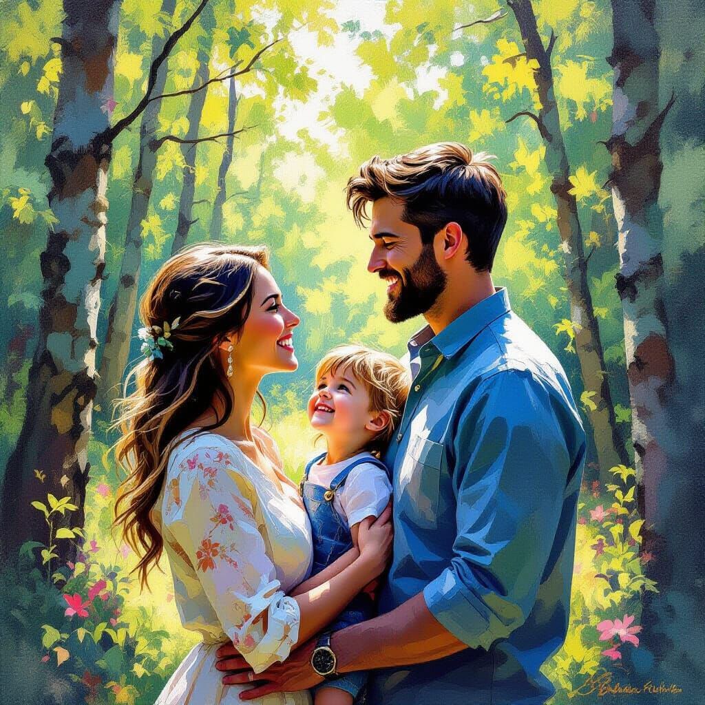 Family in Forest, Vibrant Gouache Impressionist Style
