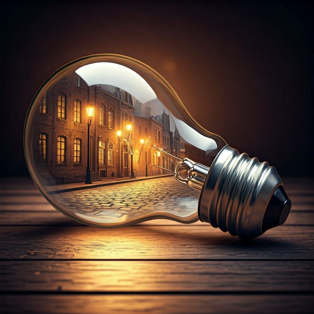 Image is a surreal digital artwork featuring a large, transparent light bulb placed diagonally on a wooden surface. Insi...