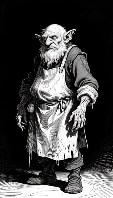  An OSR-style black and white illustration of a dwarf artisan, full-length portrait against an absolute black background. Features are rende...