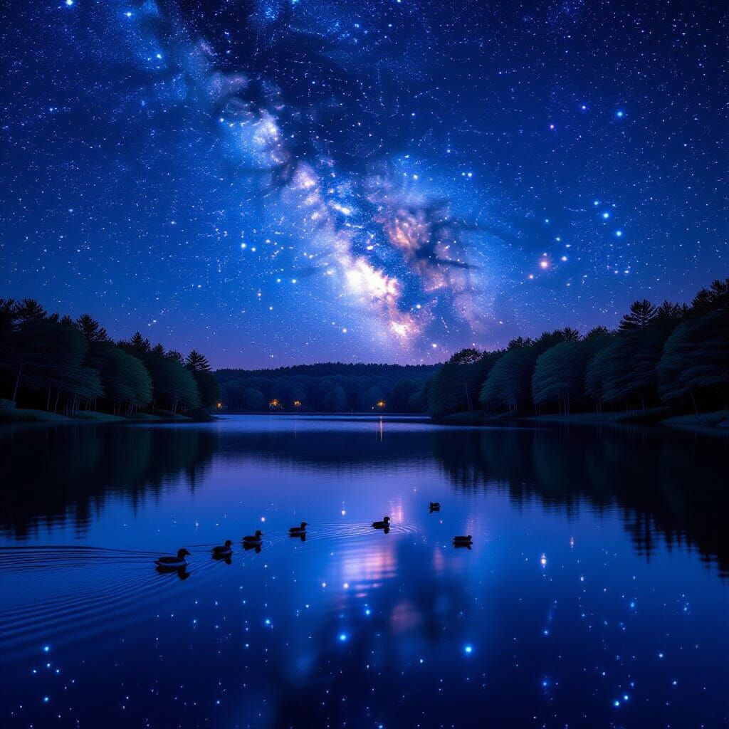 Stunning Park Night Lake Reflection of Starry Sky