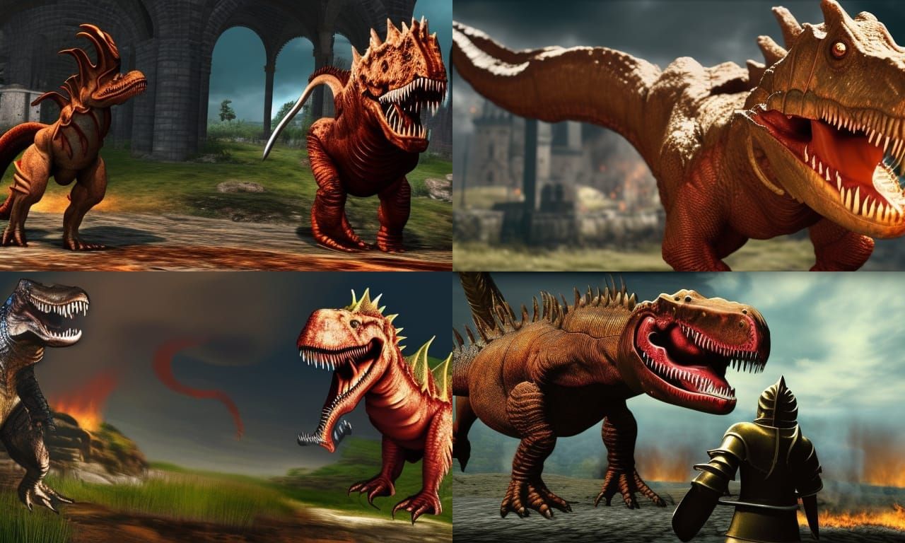 the burger king mascot riding a t-rex in to battle against a...