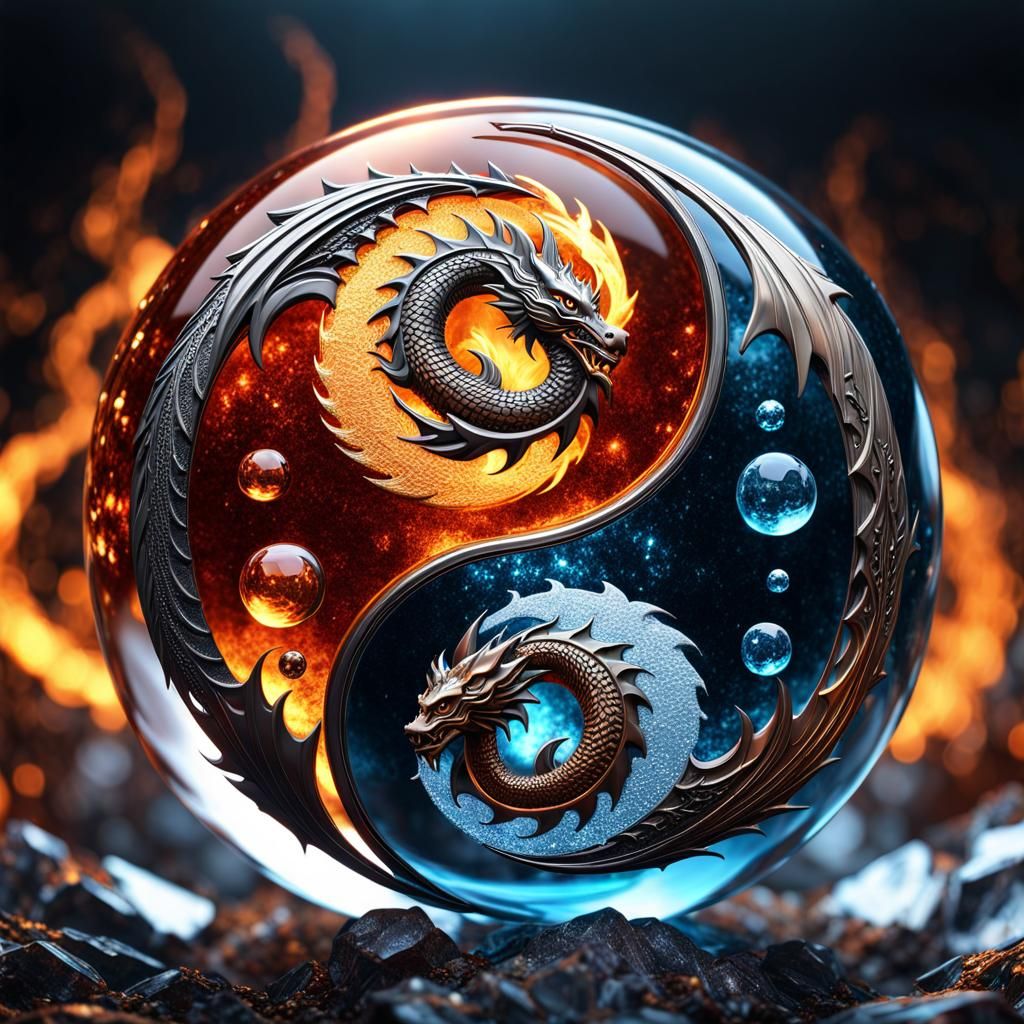 yin yang symbol, fire+ice, dragons,  by @Bunny77