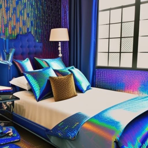 Beautiful bedroom with cobalt blue holographic walls& cobalt blue holographic windows with