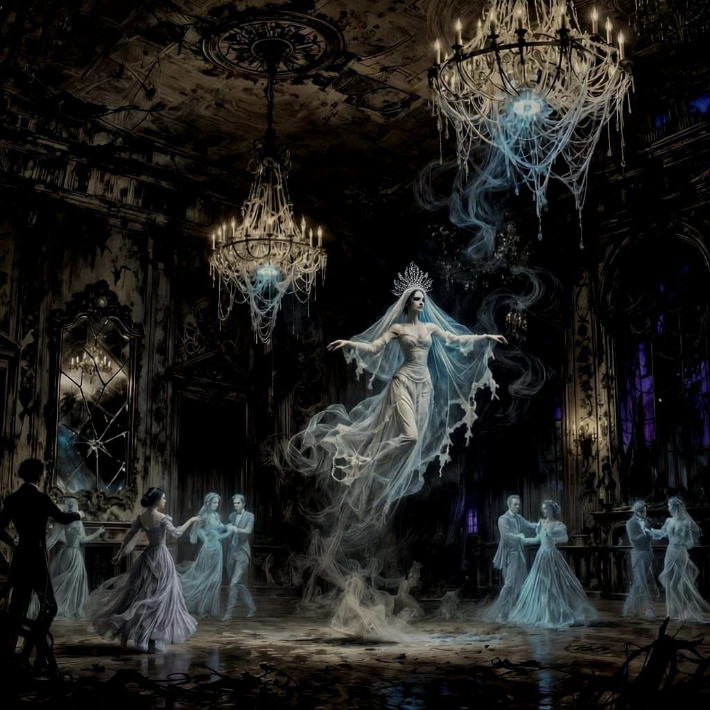 An opulent, decaying ballroom filled with spectral figures engaged in a ghostly waltz. Chandeliers drip with cobwebs and spectral light, ill...