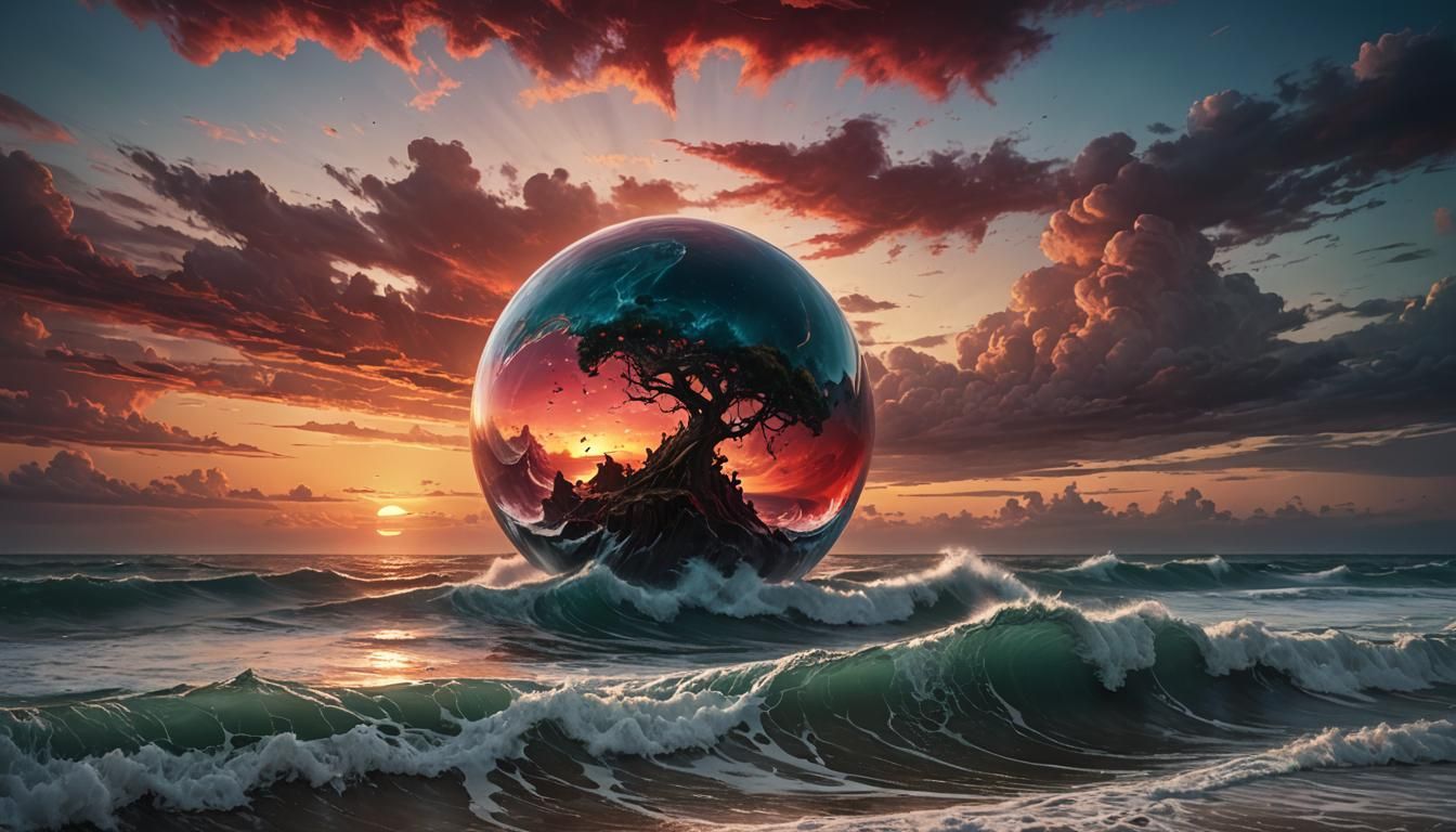 Cinematic Epic Masterpiece Maximalist (ocean) (crimson sunse...