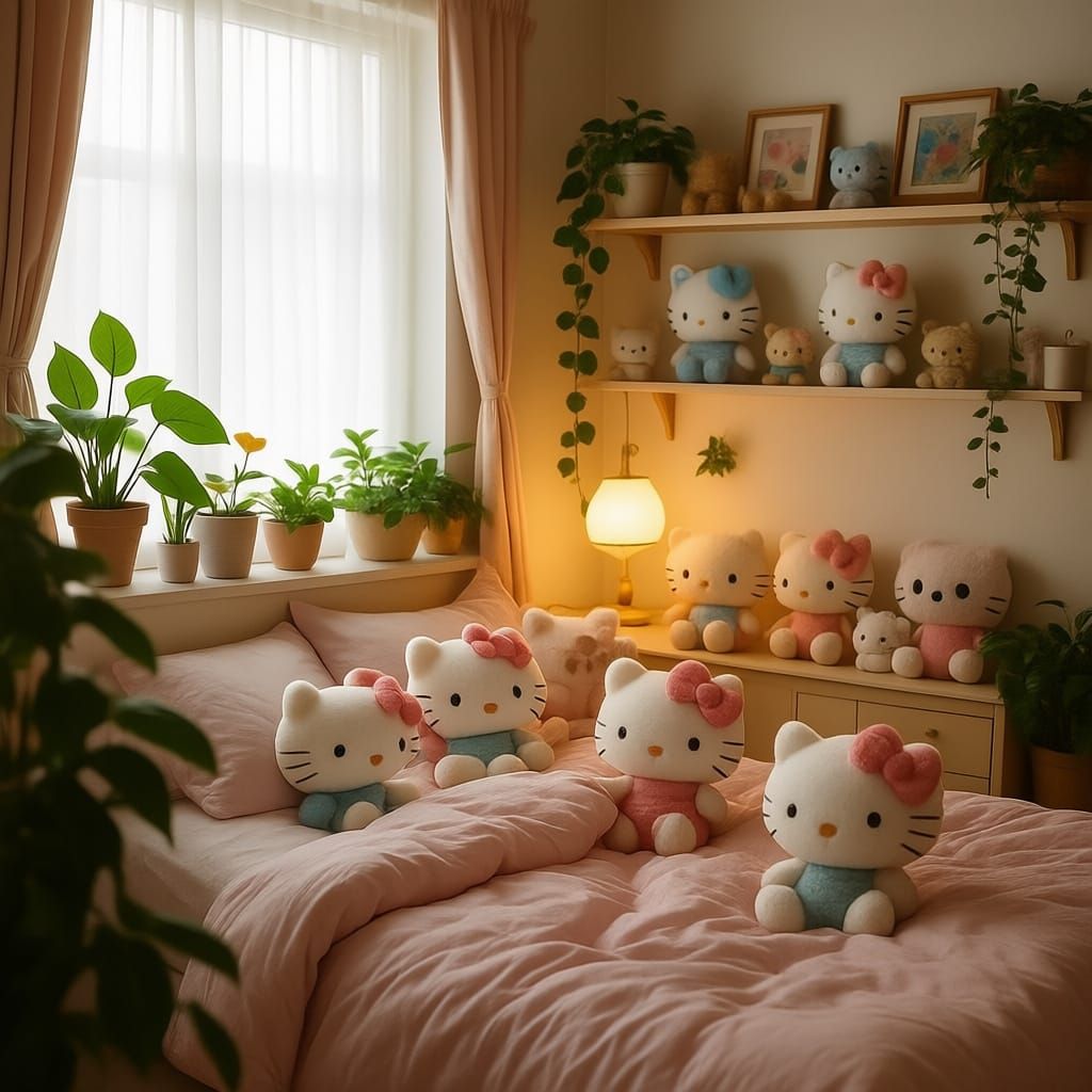a quiet bedroom with plants and a full collection of Sanrio toys and stuff. Romantic lighting and soft colors