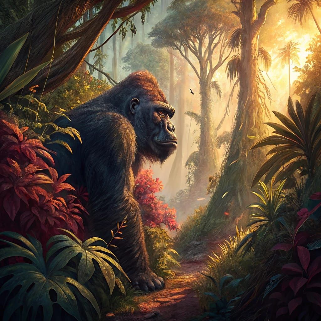 Majestic Gorilla in Lush Jungle Environment