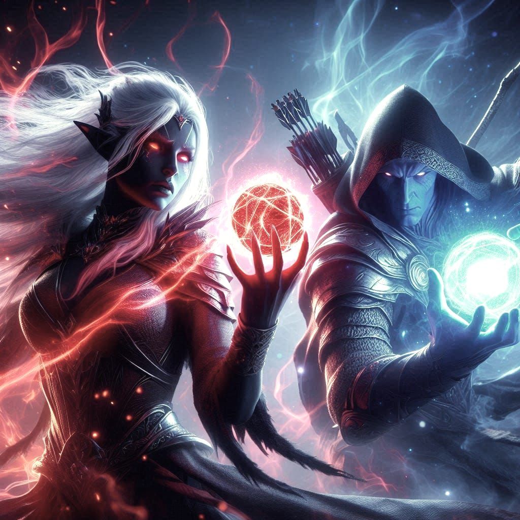 DROW sorceress battling a warlock