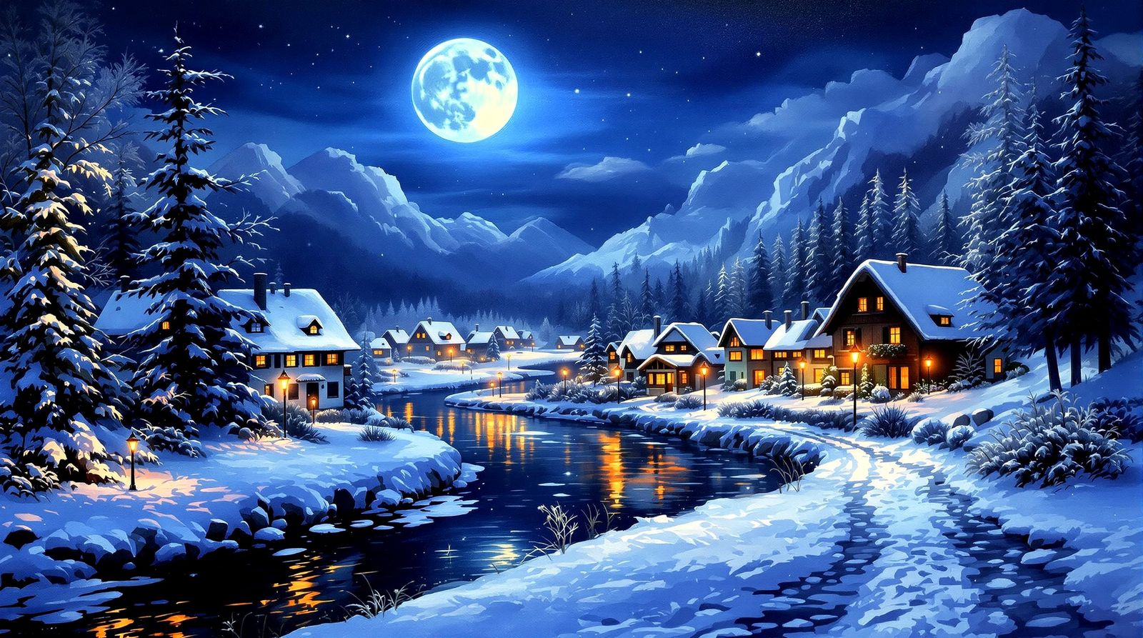 (1) Oil painting A romantic Swiss snowy alpine valley bathed in the cool glow of night,...  by @BC