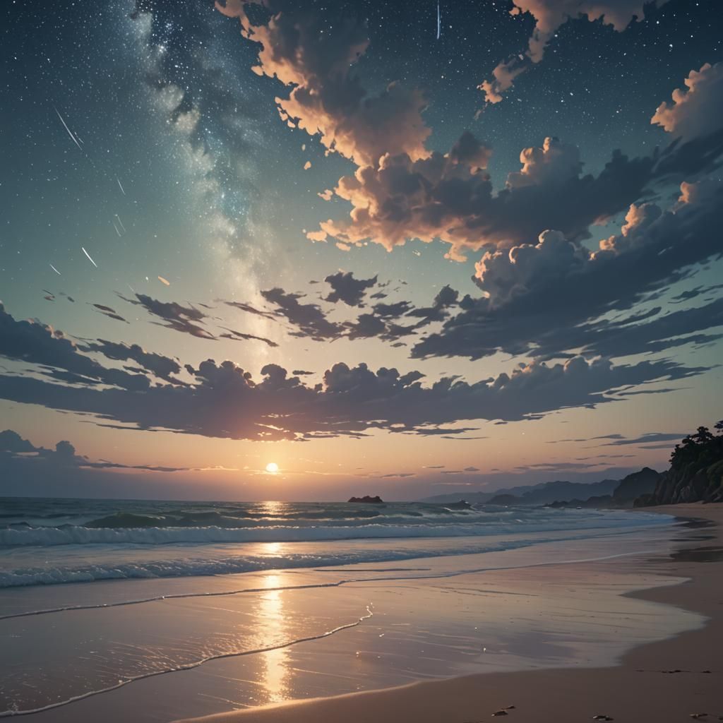 " "A quiet beach at dusk, with biological waves gently crash...